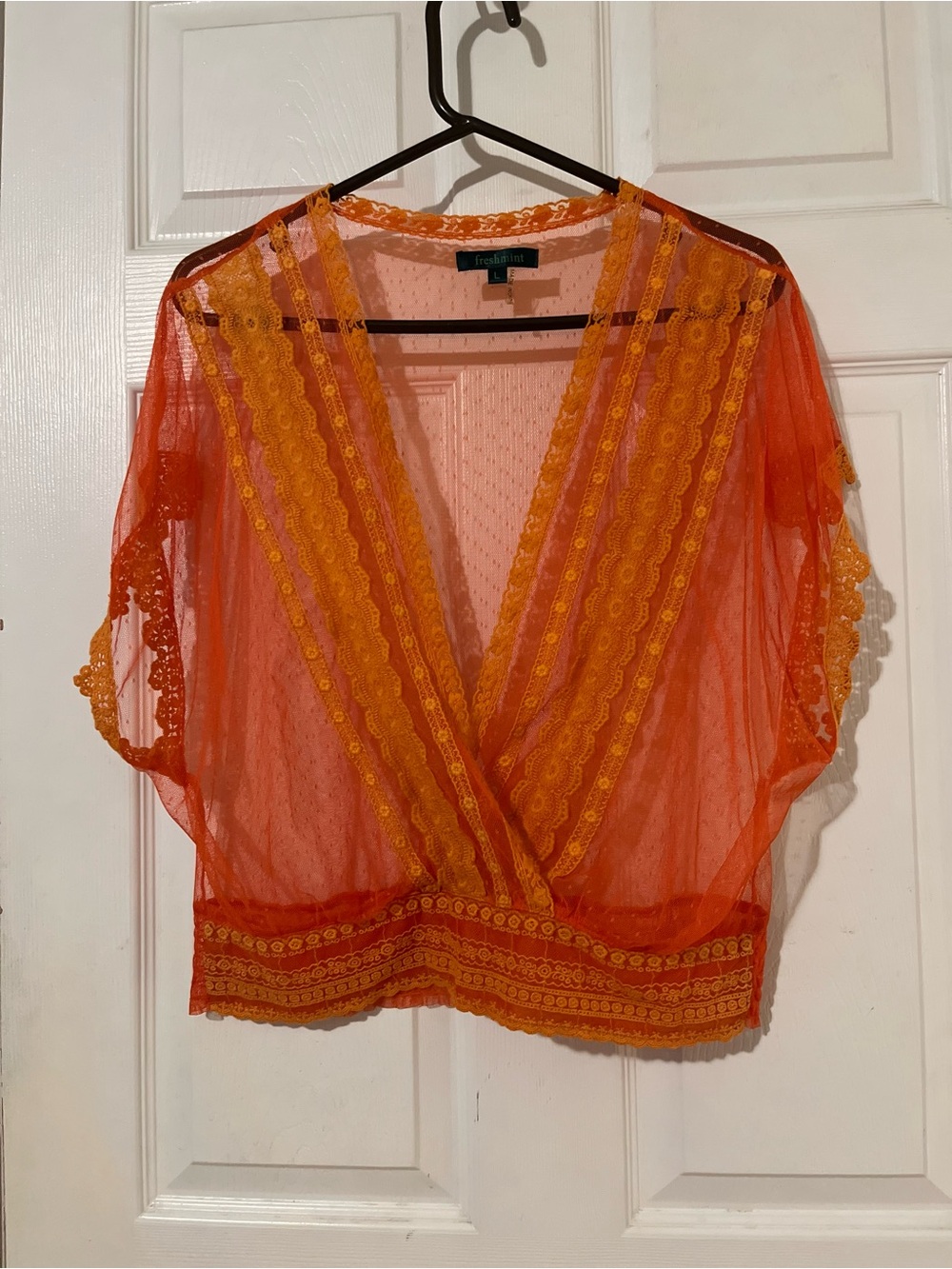 Freshmint Orange Sheer Lace-Trim Wrap Blouse